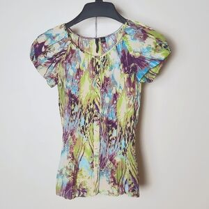 Essentials by Milano Blouse Multi-color Watercolor Puff Sleeve Button up…